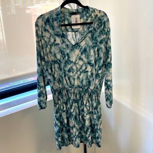 Ariella Teal & Cream Tie Die Long Sleeve Mini Dress - Large - New with Tags
